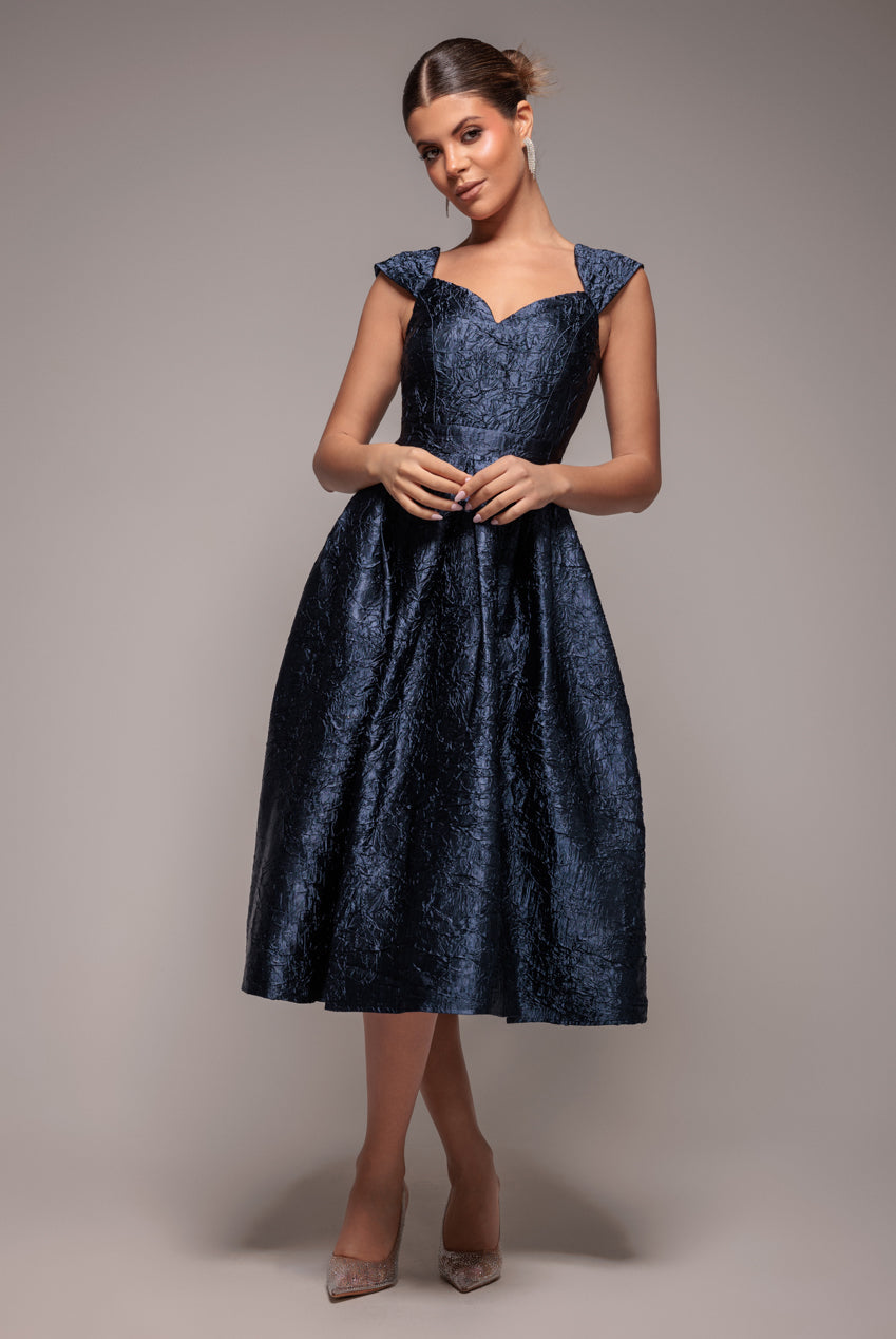 Goddiva Crushed Satin Sleeveless A Line Midi Dress - Navy Blue