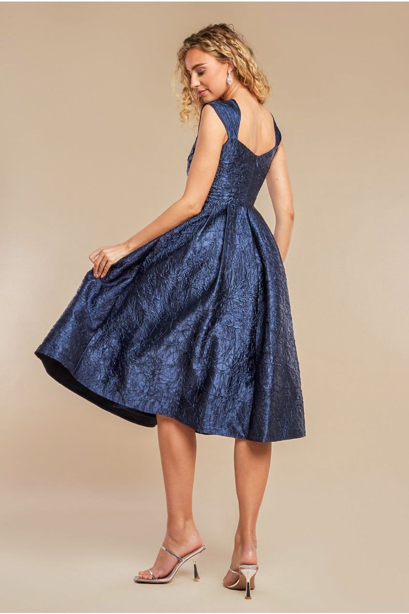 Goddiva Crushed Satin Sleeveless A Line Midi Dress - Navy Blue