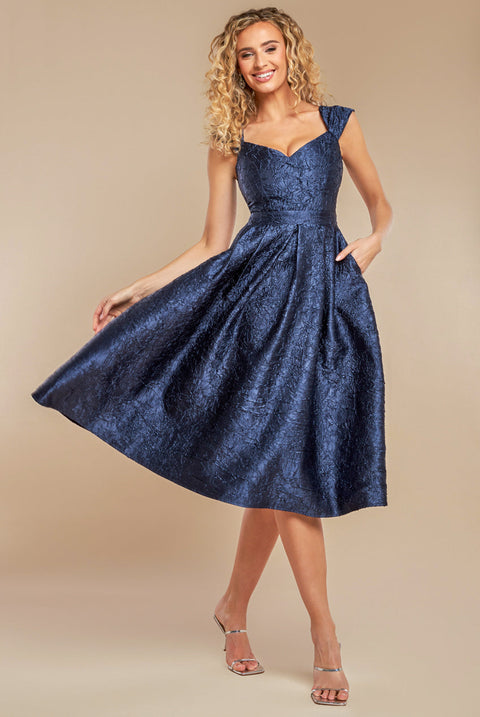 Goddiva Crushed Satin Sleeveless A Line Midi Dress - Navy Blue