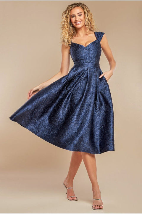 Goddiva Crushed Satin Sleeveless A Line Midi Dress - Navy Blue
