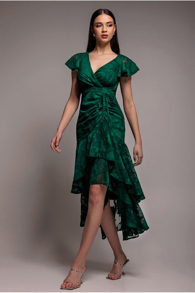 Emerald - Goddiva Jacquard Chiffon Wrap High Low Midaxi Dress - Emerald Green