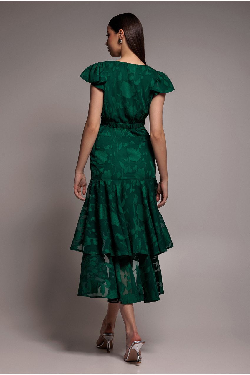 Goddiva Jacquard Chiffon Wrap High Low Midaxi Dress - Emerald Green
