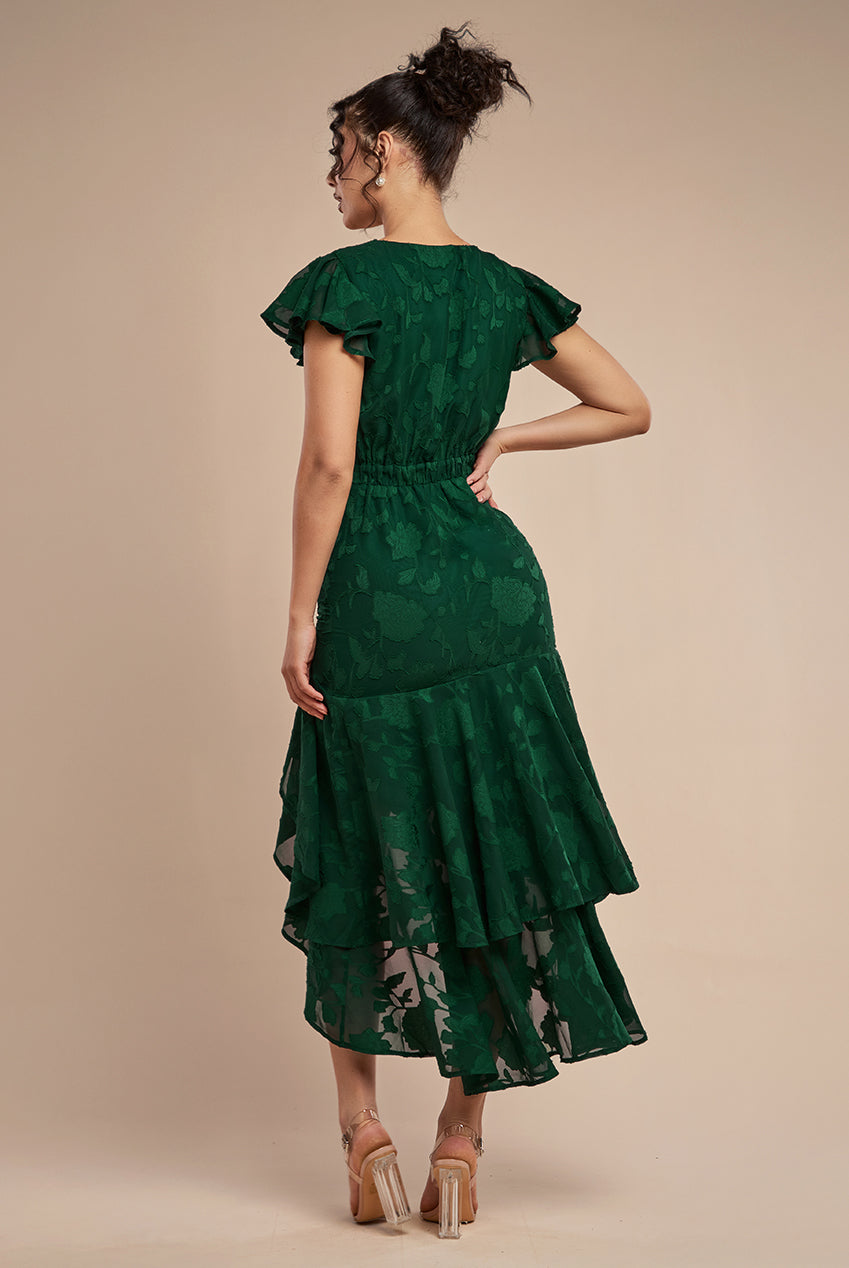 Goddiva Jacquard Chiffon Wrap High Low Midaxi Dress - Emerald Green