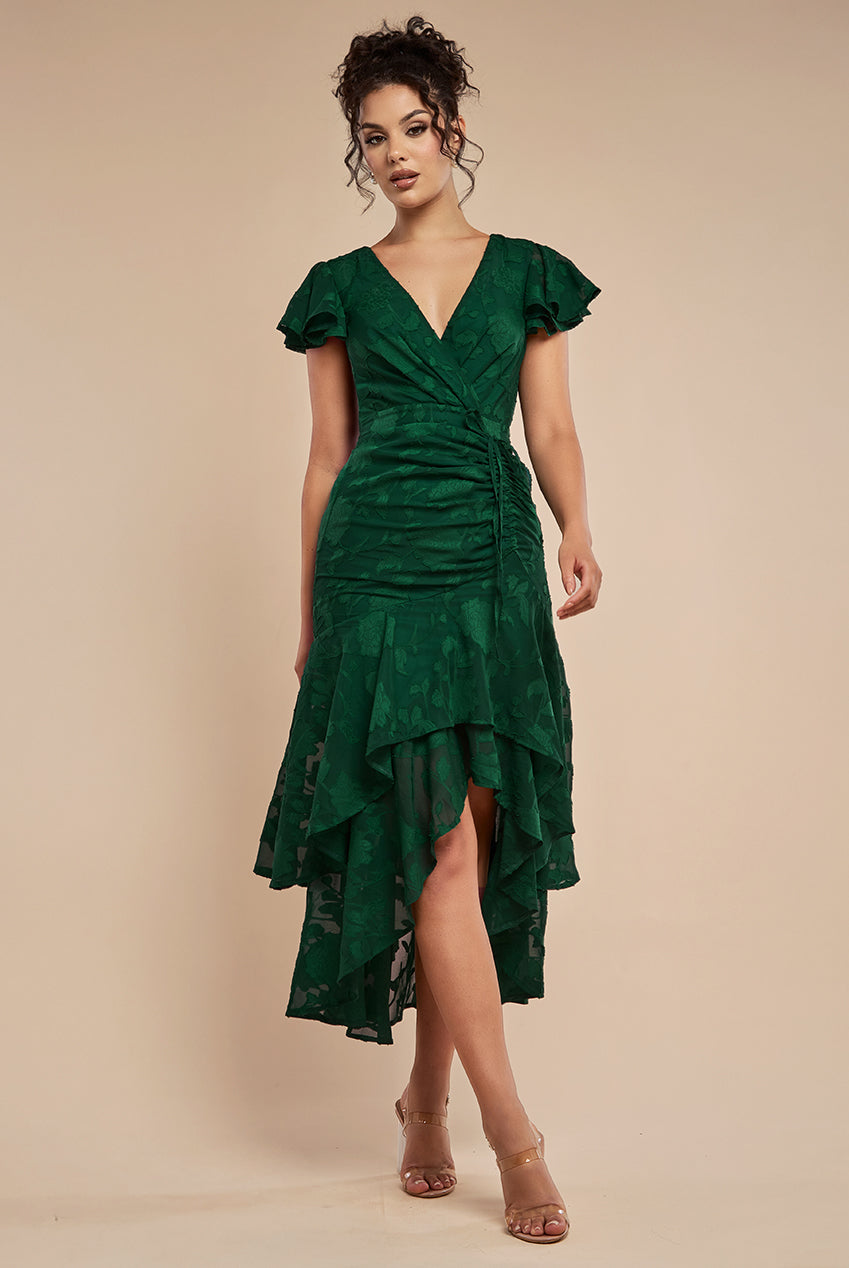 Goddiva Jacquard Chiffon Wrap High Low Midaxi Dress - Emerald Green