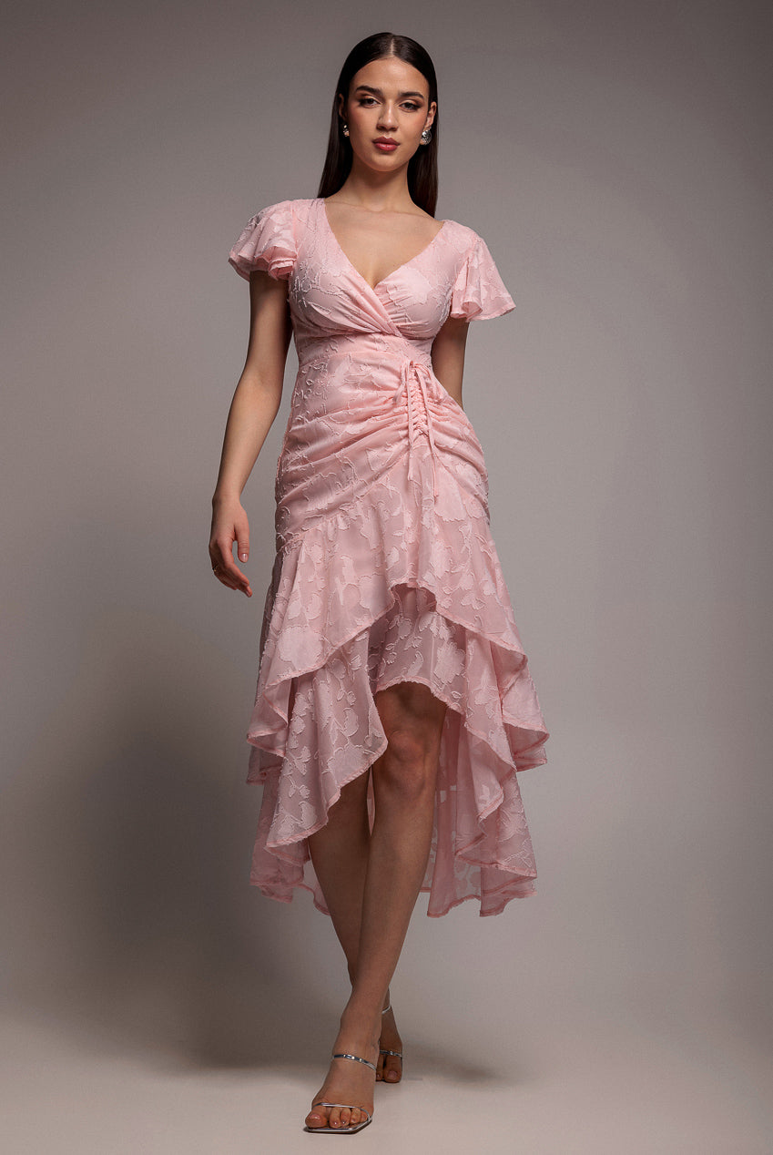 Goddiva Jacquard Chiffon Wrap High Low Midaxi Dress - Pink