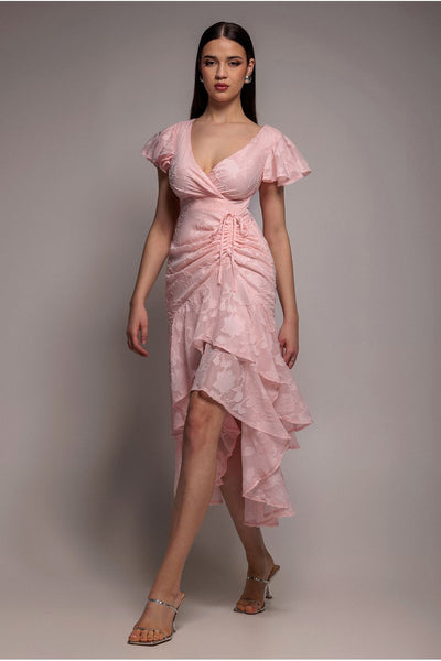 Pink - Goddiva Jacquard Chiffon Wrap High Low Midaxi Dress - Pink
