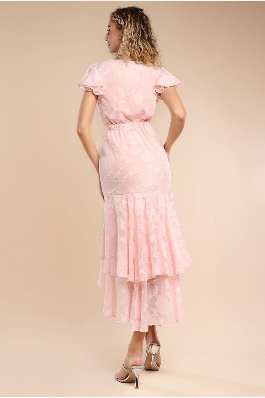 Goddiva Jacquard Chiffon Wrap High Low Midaxi Dress - Pink
