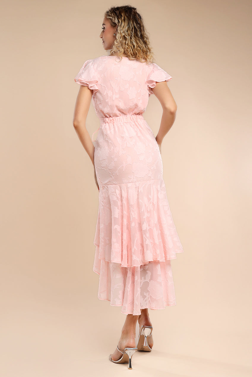 Goddiva Jacquard Chiffon Wrap High Low Midaxi Dress - Pink