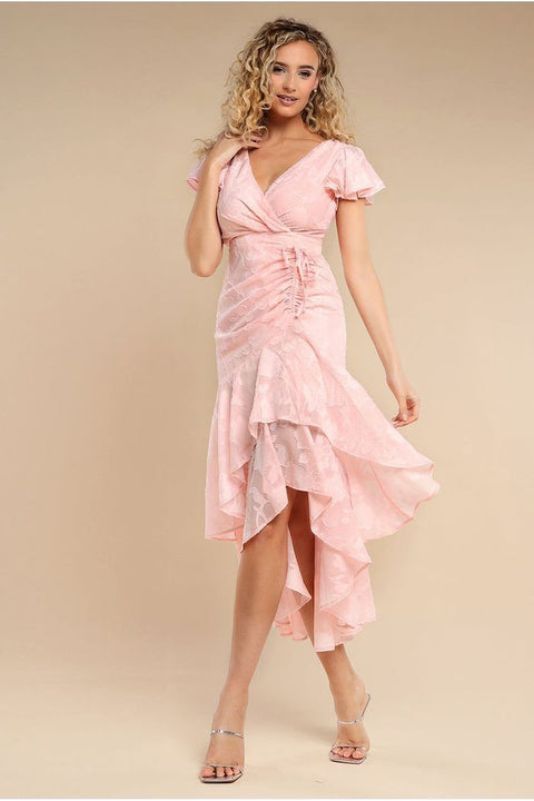Goddiva Jacquard Chiffon Wrap High Low Midaxi Dress - Pink