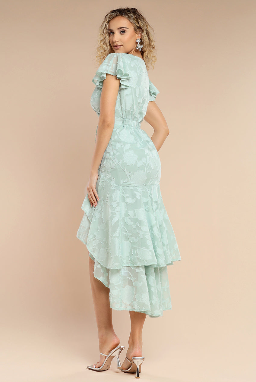 Goddiva Jacquard Chiffon Wrap High Low Midaxi Dress - SageGreen