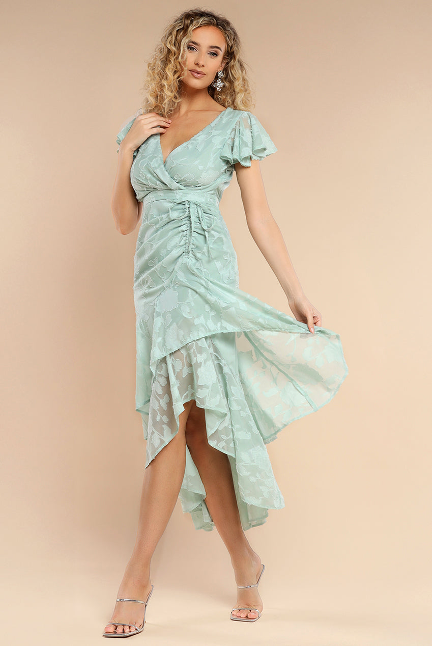 Goddiva Jacquard Chiffon Wrap High Low Midaxi Dress - SageGreen