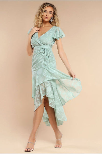 SageGreen - Goddiva Jacquard Chiffon Wrap High Low Midaxi Dress - SageGreen