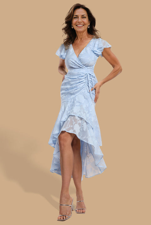 Goddiva Jacquard Chiffon Wrap High Low Midaxi Dress - Blue
