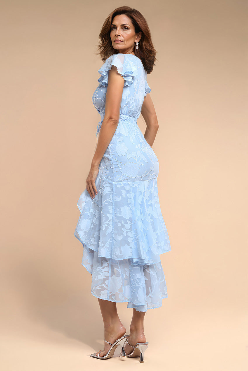 Goddiva Jacquard Chiffon Wrap High Low Midaxi Dress - Blue