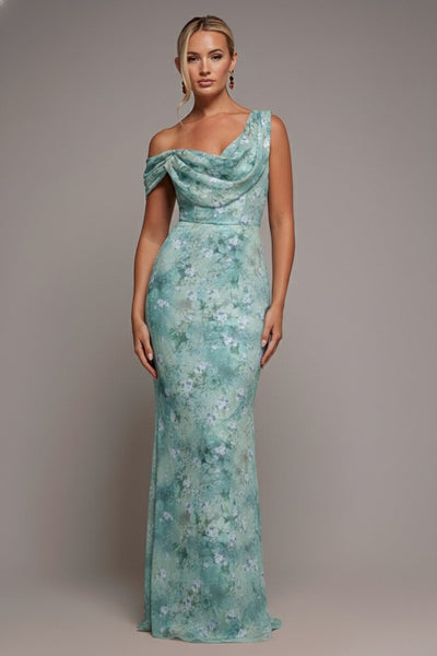 Blue - Goddiva One Shoulder Cowl Neck Chiffon Floral Maxi Dress - Blue