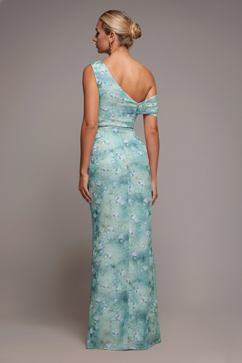 Goddiva One Shoulder Cowl Neck Chiffon Floral Maxi Dress - Blue