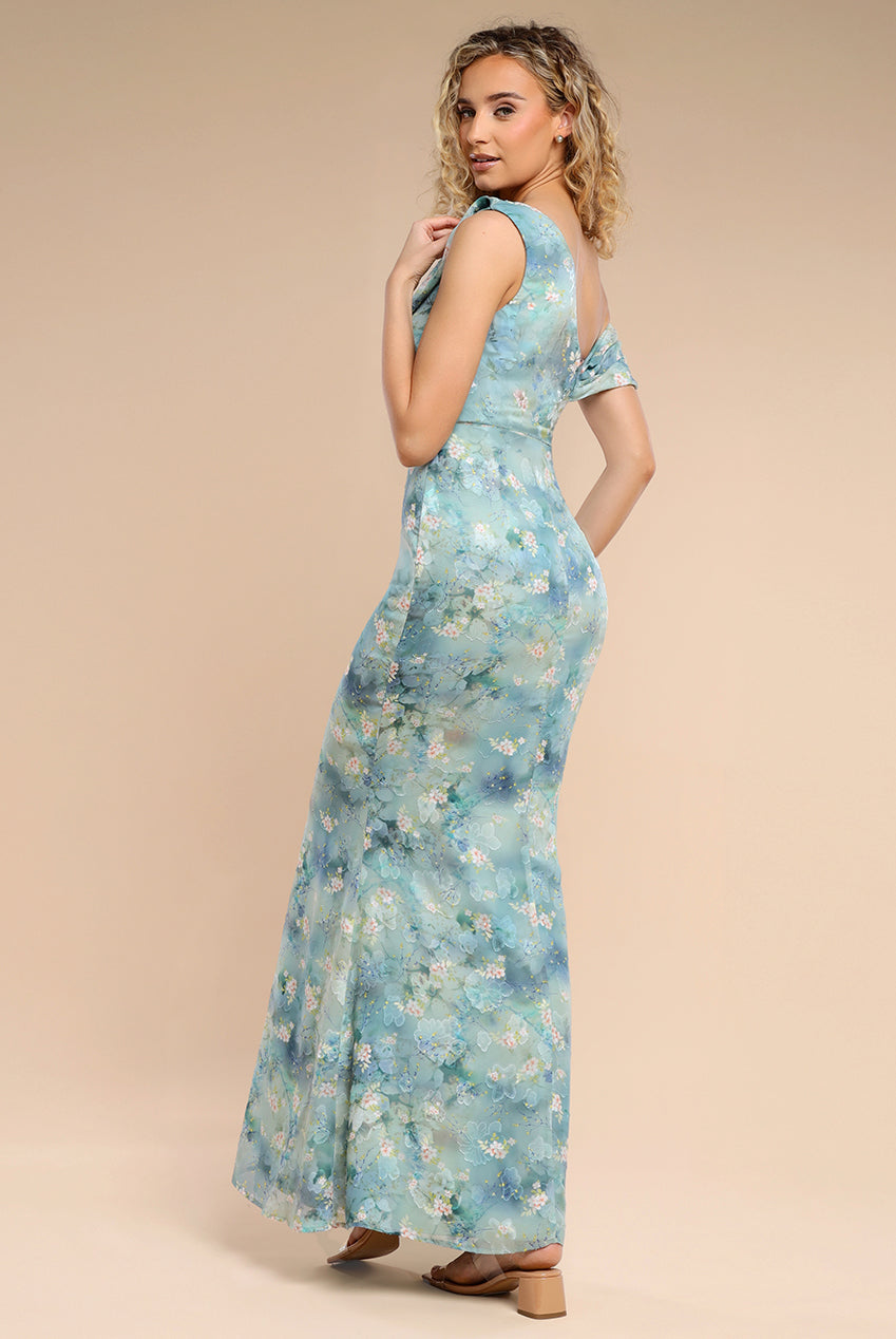 Goddiva One Shoulder Cowl Neck Chiffon Floral Maxi Dress - Blue