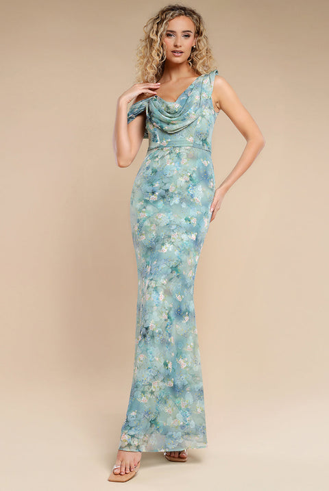 Goddiva One Shoulder Cowl Neck Chiffon Floral Maxi Dress - Blue