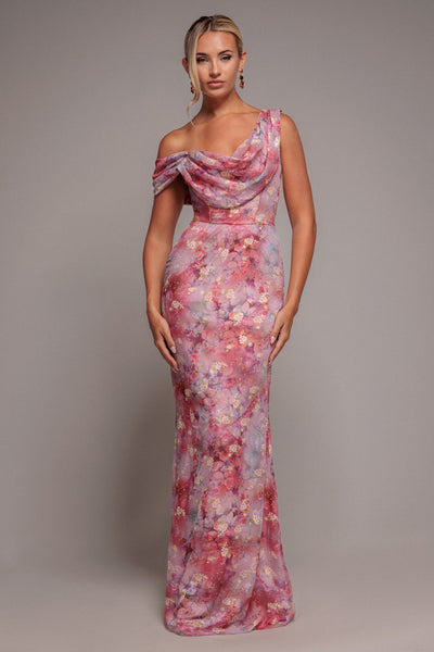 Pink - Goddiva One Shoulder Cowl Neck Chiffon Floral Maxi Dress - Pink