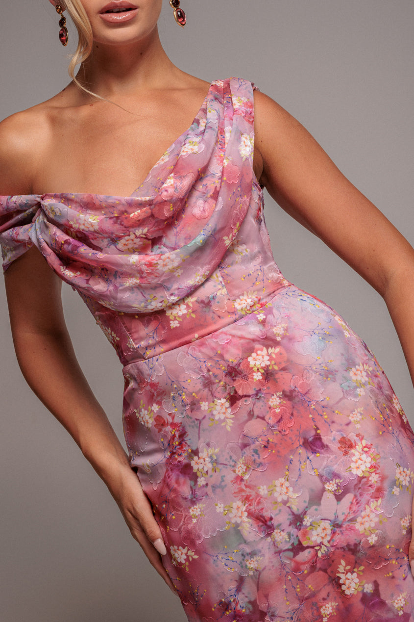 Goddiva One Shoulder Cowl Neck Chiffon Floral Maxi Dress - Pink