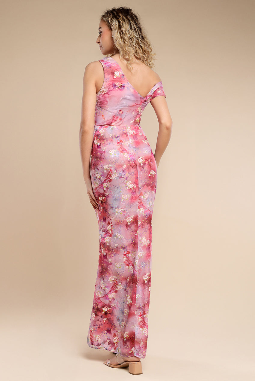 Goddiva One Shoulder Cowl Neck Chiffon Floral Maxi Dress - Pink