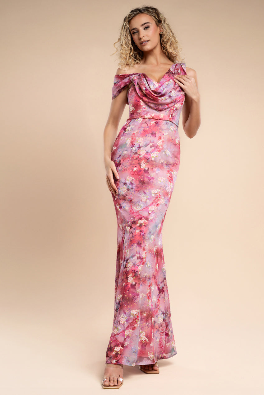 Goddiva One Shoulder Cowl Neck Chiffon Floral Maxi Dress - Pink