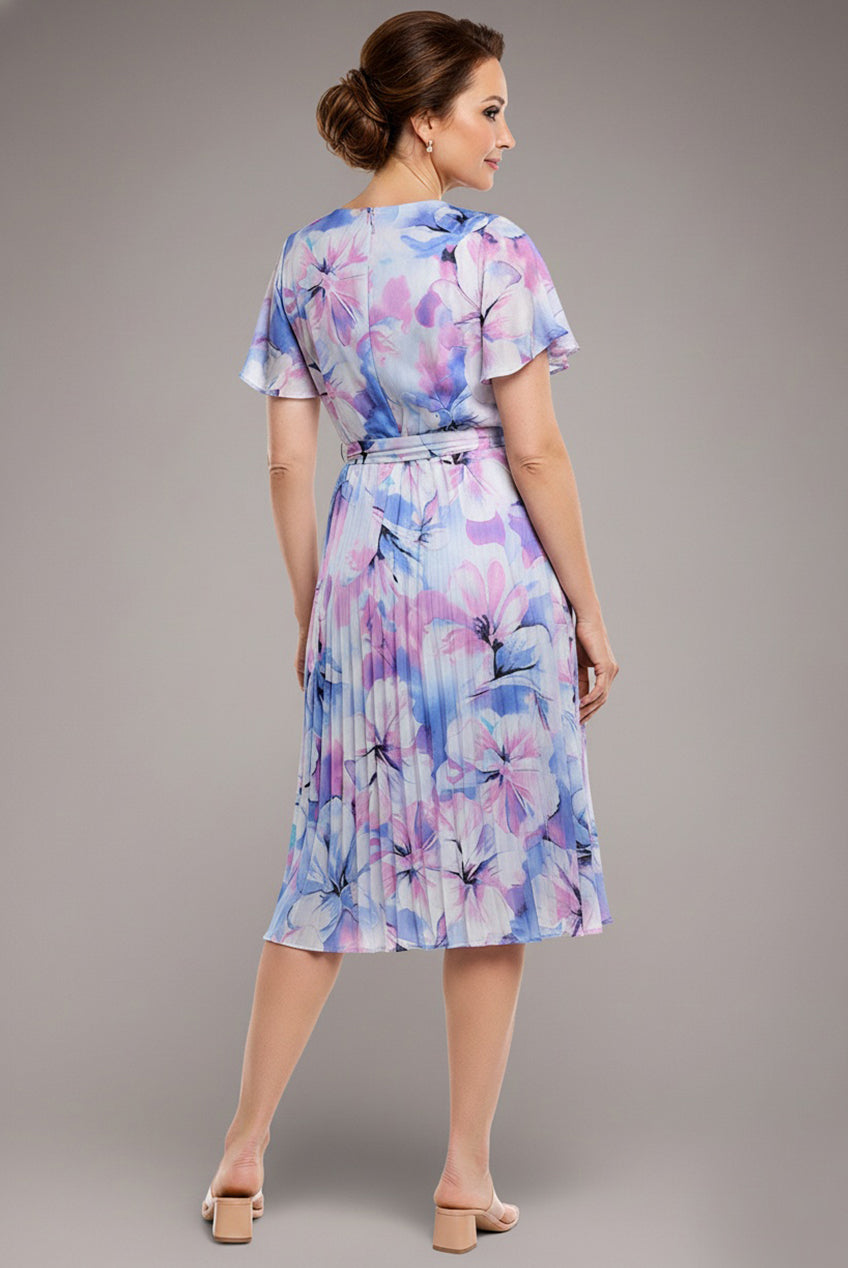 Goddiva Flutter Sleeve Pleated Skirt Floral Midi Dress - Blue