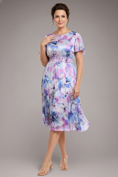 Goddiva Flutter Sleeve Pleated Skirt Floral Midi Dress - Blue