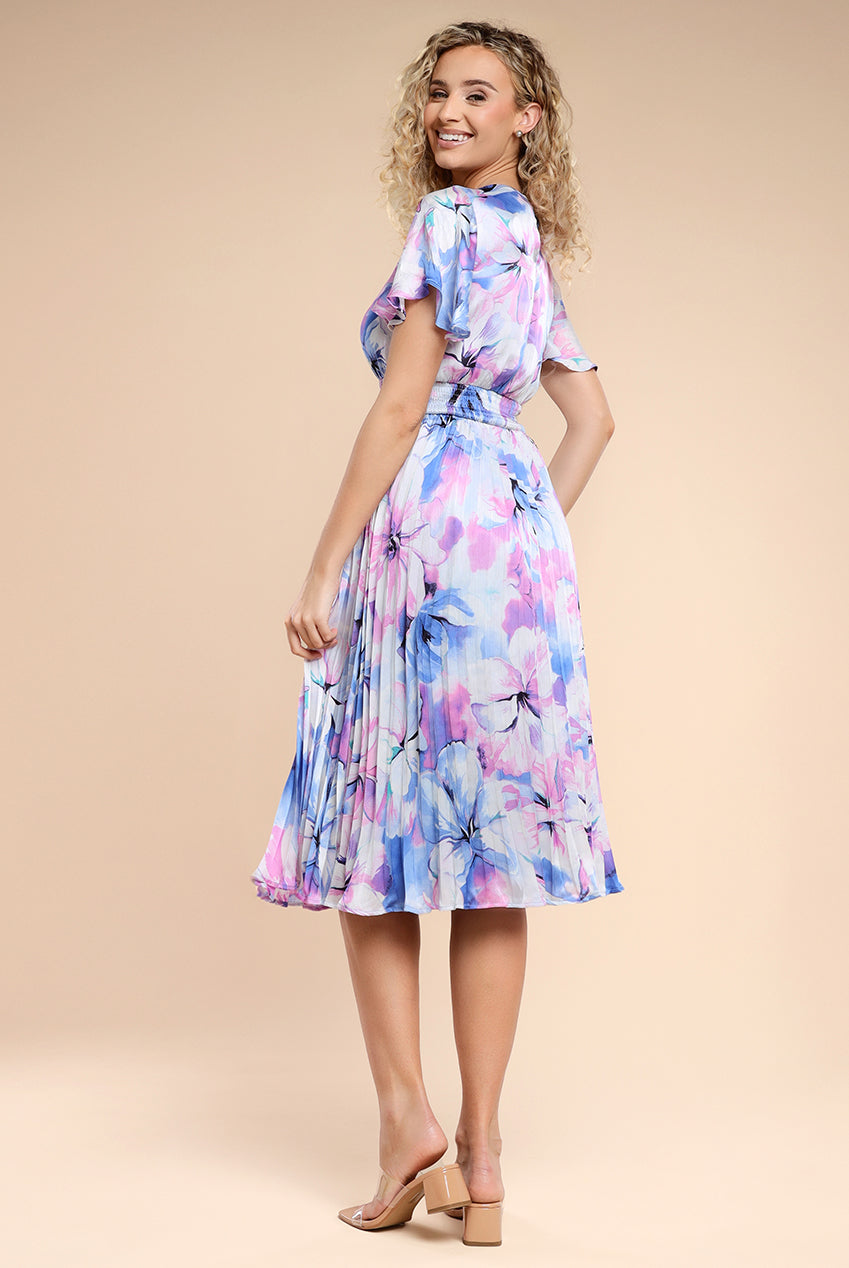 Goddiva Flutter Sleeve Pleated Skirt Floral Midi Dress - Blue