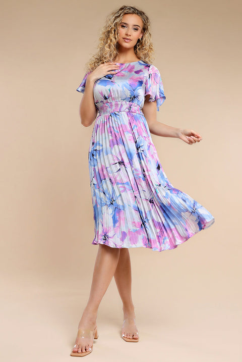 Goddiva Flutter Sleeve Pleated Skirt Floral Midi Dress - Blue