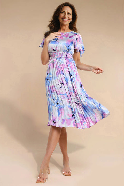 Goddiva Flutter Sleeve Pleated Skirt Floral Midi Dress - Blue