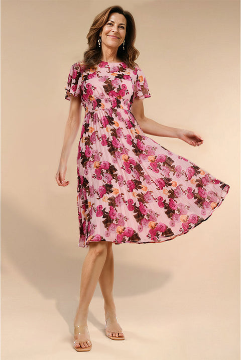 Goddiva Flutter Sleeve Pleated Skirt Floral Midi Dress - Pink