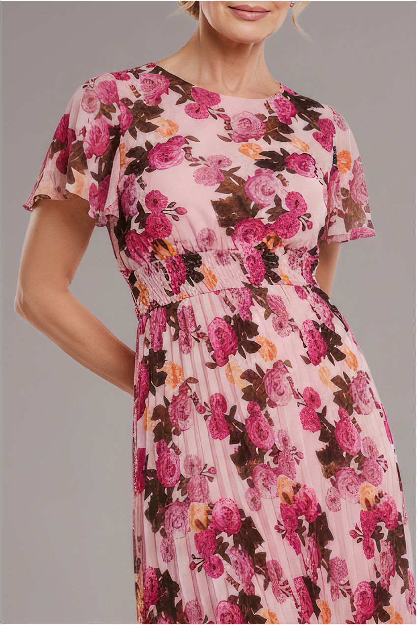 Goddiva Flutter Sleeve Pleated Skirt Floral Midi Dress - Pink