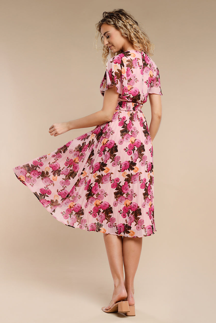 Goddiva Flutter Sleeve Pleated Skirt Floral Midi Dress - Pink