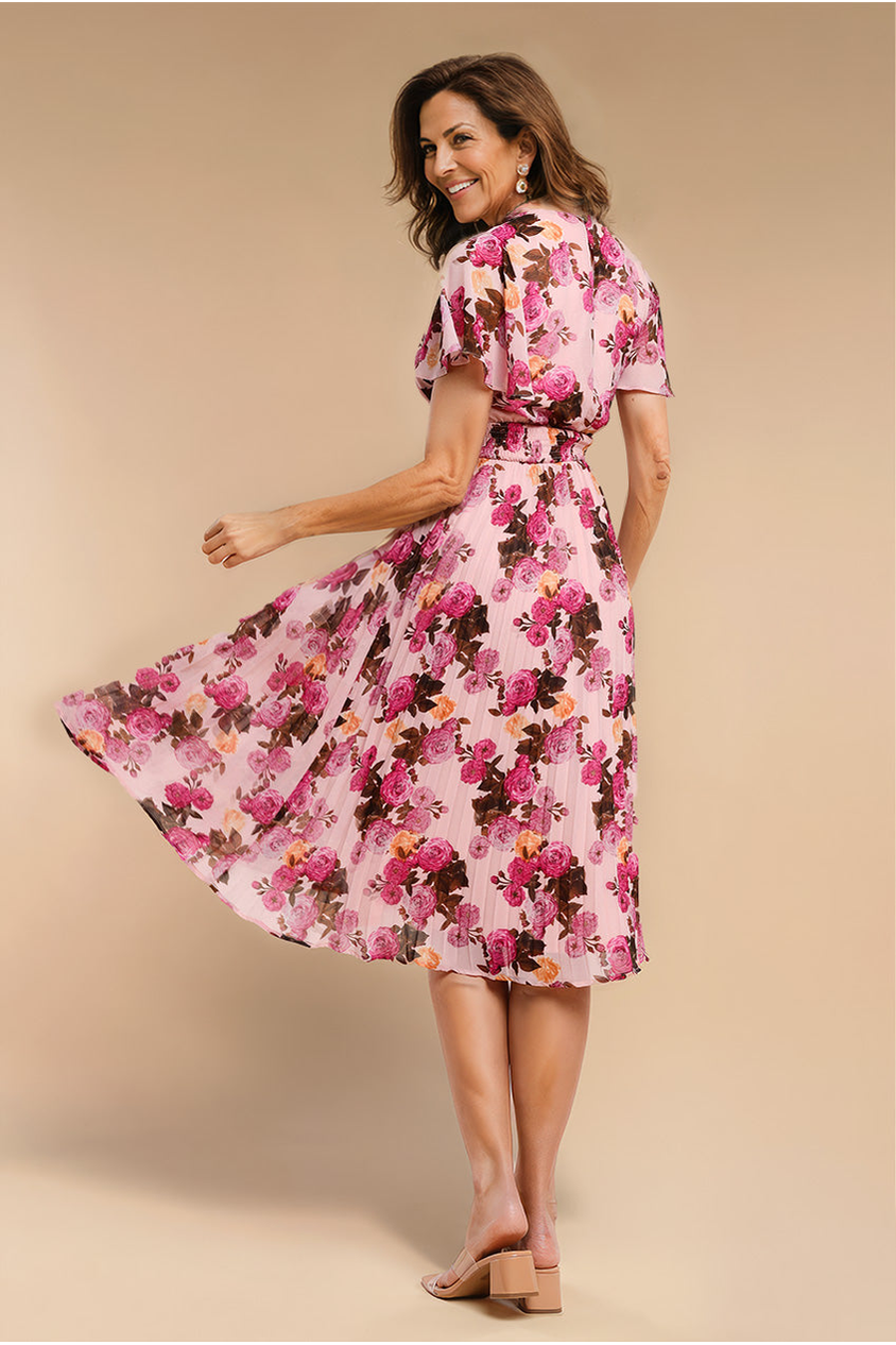 Goddiva Flutter Sleeve Pleated Skirt Floral Midi Dress - Pink