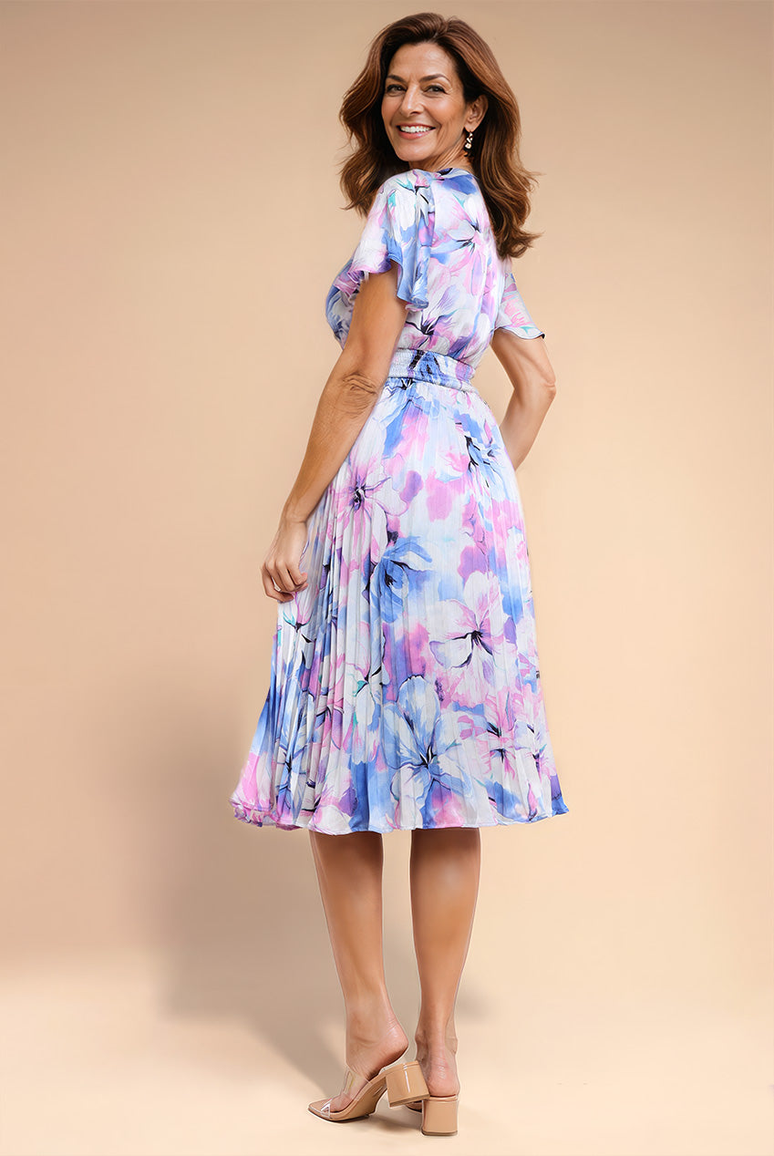 Goddiva Flutter Sleeve Pleated Skirt Floral Midi Dress - Blue