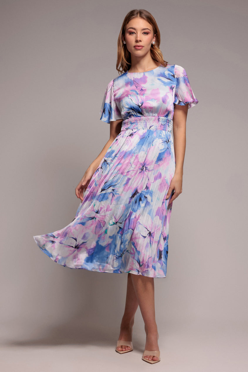 Goddiva Flutter Sleeve Pleated Skirt Floral Midi Dress - Blue