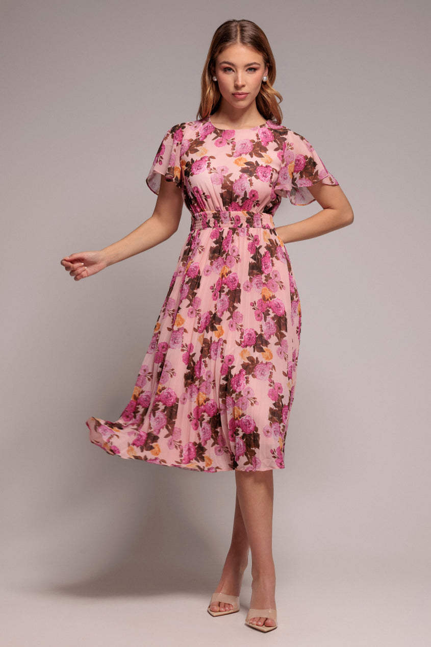 Goddiva Flutter Sleeve Pleated Skirt Floral Midi Dress - Pink