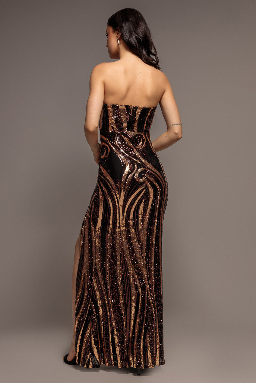 Goddiva Strapless Multi Sequin Maxi Dress - Bronze