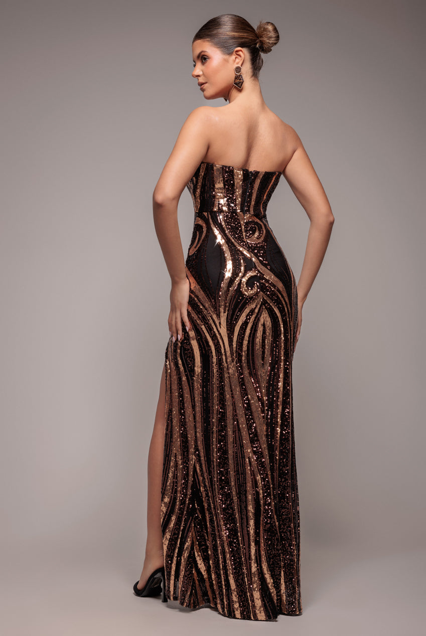 Goddiva Strapless Multi Sequin Maxi Dress - Bronze