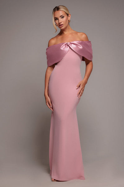 Blush - Goddiva Twist Knot Satin & Scuba Bardot Maxi Dress - Blush Pink