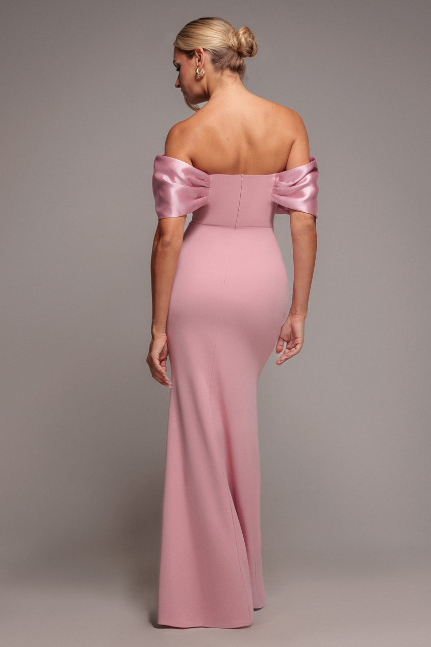 Goddiva Twist Knot Satin & Scuba Bardot Maxi Dress - Blush Pink
