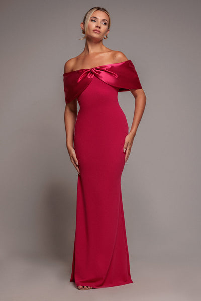 Magenta - Goddiva Twist Knot Satin & Scuba Bardot Maxi Dress - Magenta