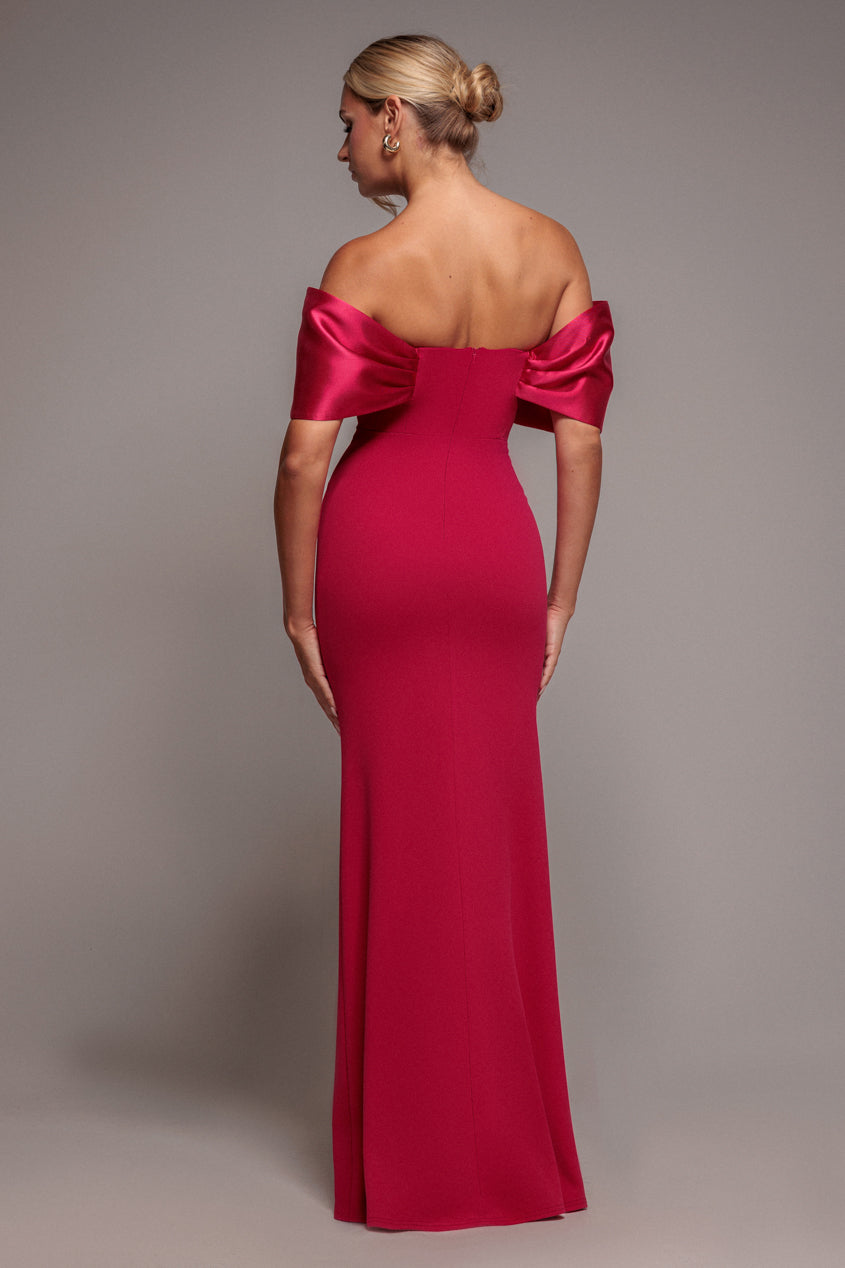 Goddiva Twist Knot Satin & Scuba Bardot Maxi Dress - Magenta