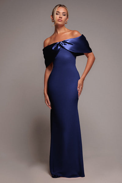 Navy - Goddiva Twist Knot Satin & Scuba Bardot Maxi Dress - Navy Blue
