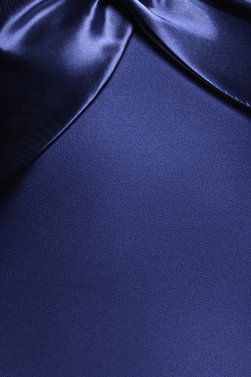 Goddiva Twist Knot Satin & Scuba Bardot Maxi Dress - Navy Blue