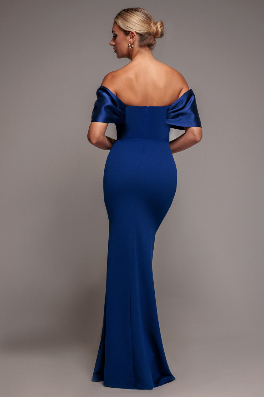 Goddiva Twist Knot Satin & Scuba Bardot Maxi Dress - Royal Blue
