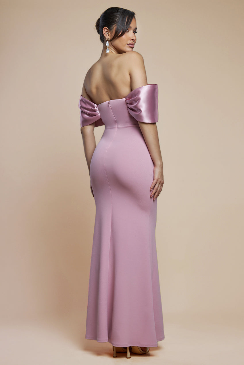 Goddiva Twist Knot Satin & Scuba Bardot Maxi Dress - Blush Pink
