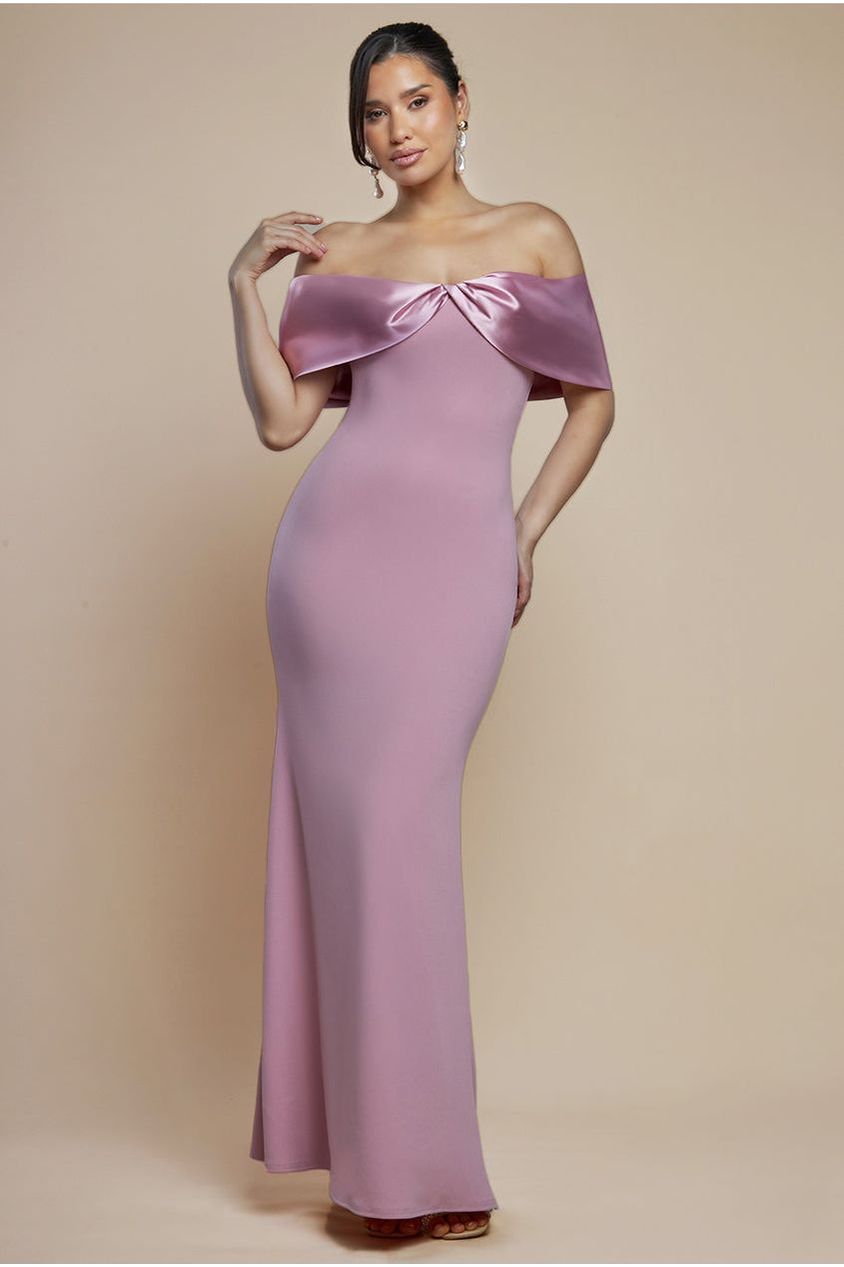 Goddiva Twist Knot Satin & Scuba Bardot Maxi Dress - Blush Pink