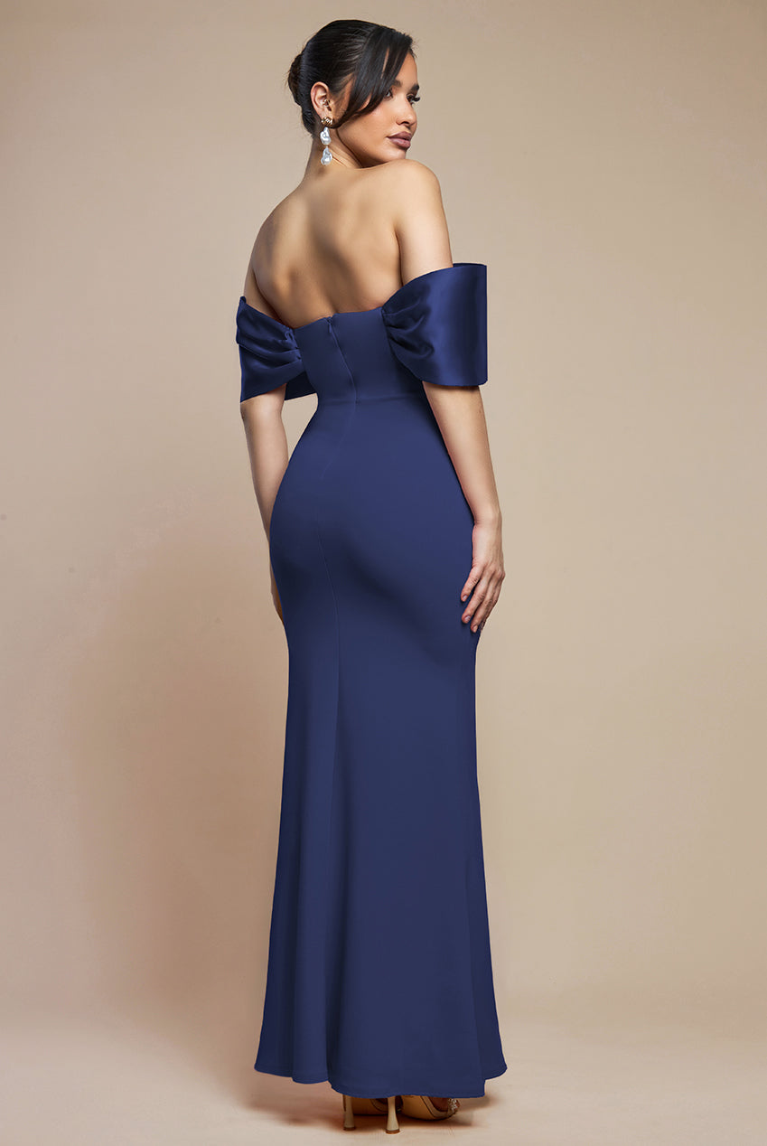 Goddiva Twist Knot Satin & Scuba Bardot Maxi Dress - Navy Blue